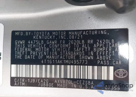 2021 Toyota Camry Se/Se Night Shade z USA, uszkodzony, nr VIN 4T1G11AK1MU495773